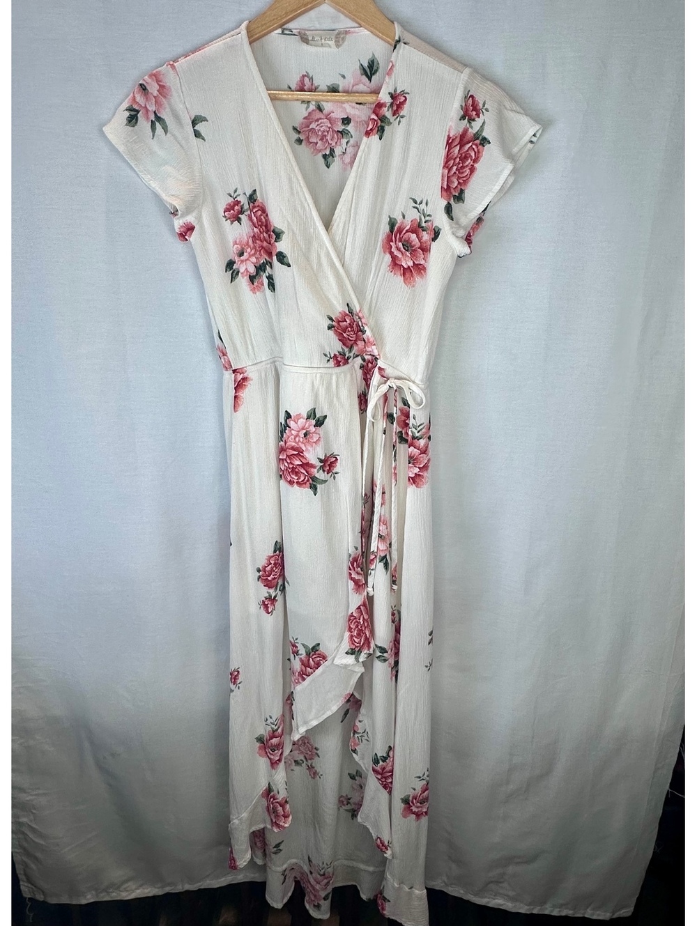 Altar’d State Small Ivory Pink Floral Faux Wrap Dress Tie Waist Ruffle Hem